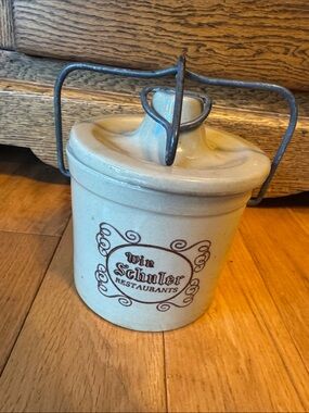 MCM Win Schuler Restaurants Ceramic Stoneware Crock with Wire Bail Handle